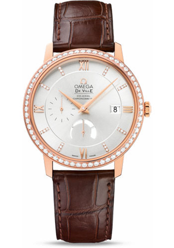 Omega De Ville Rose Gold 39.5 MM - Brown Leather Strap - Diamond Bezel - Silver Diamond Dial - 424.58.40.21.52.002