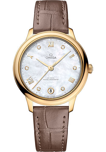 Omega De Ville Yellow Gold 34 MM - Brown Leather Strap - White Mother-Of-Pearl Diamond Dial - 434.53.34.20.55.002