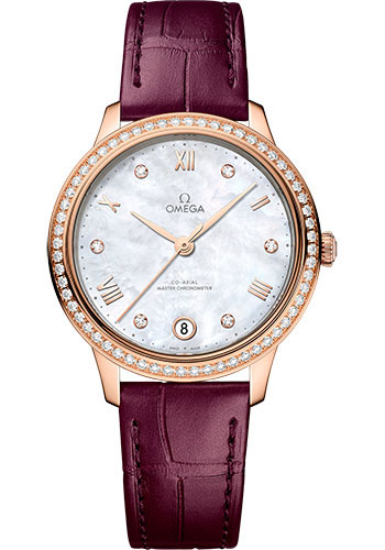 Omega De Ville Rose Gold 34 MM - Purple Leather Strap - Diamond Bezel - White  Mother-Of-Pearl Diamond Dial - 434.58.34.20.55.001