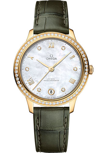 Omega De Ville Yellow Gold 34 MM - Olive Green Leather Strap - Diamond Bezel - White Mother-Of-Pearl  Diamond Dial - 434.58.34.20.55.002