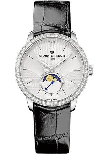 Girard-Perregaux 1966 Stainless Steel 36 MM - Black Leather Strap - Diamond Bezel - Silver Dial - 49524D11A171-CK6A