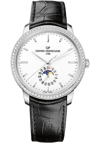 Girard-Perregaux 1966 Stainless Steel 40 MM - Black Leather Strap - Diamond Bezel - Silver Opaline Dial - 49545D11A131-BB60