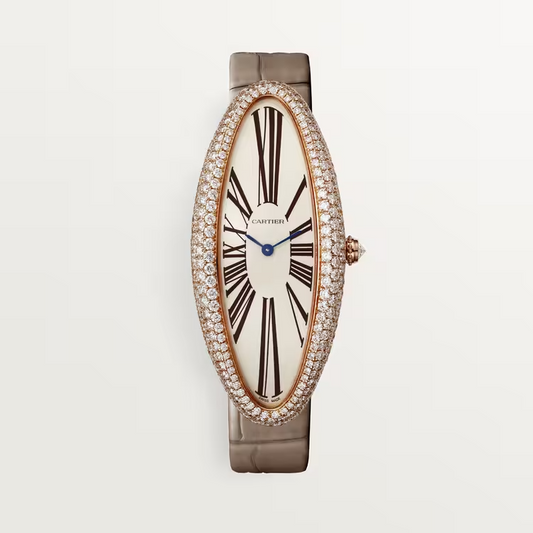 Cartier Baignoire Allongée Rose gold 52 MM - Taupe Alligator Strap - Diamond Bezel - Silver Dial - WJBA0008