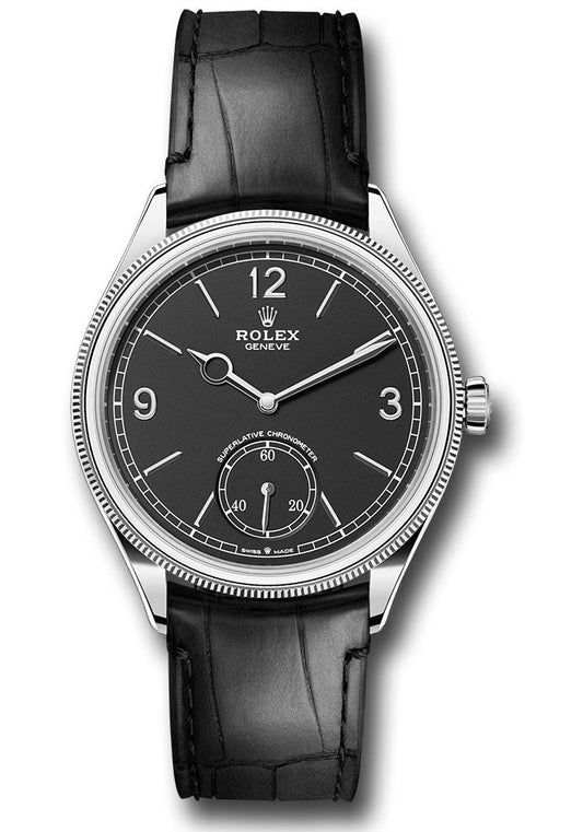 Rolex White Gold 1908 Watch - 39 MM - Alligator Leather Strap - Domed And Fluted Bezel - Black Index Arabic Dial - 52509 bkbk