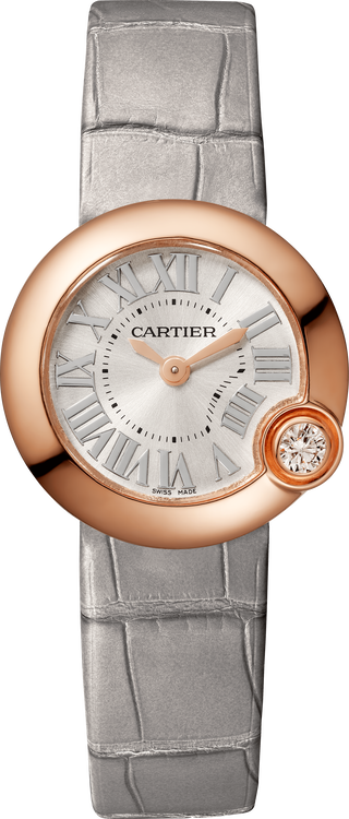 Cartier Ballon Bleu Pink Gold 26 MM - Grey Leather Strap - Silvered Sunray Dial - WGBL0004