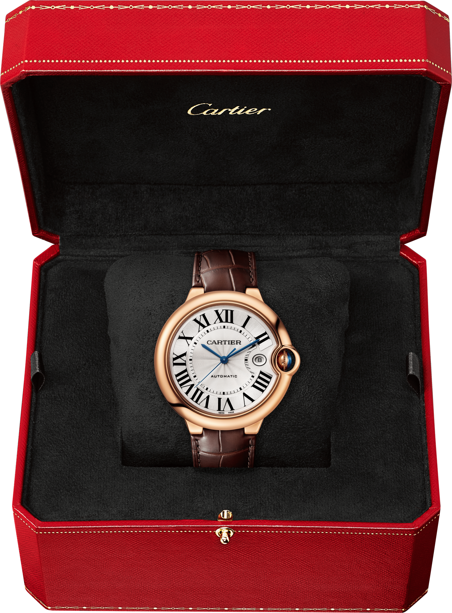 Cartier Ballon Bleu Pink Gold 42 MM - Brown Leather Strap - Silver Dial - WGBB0030