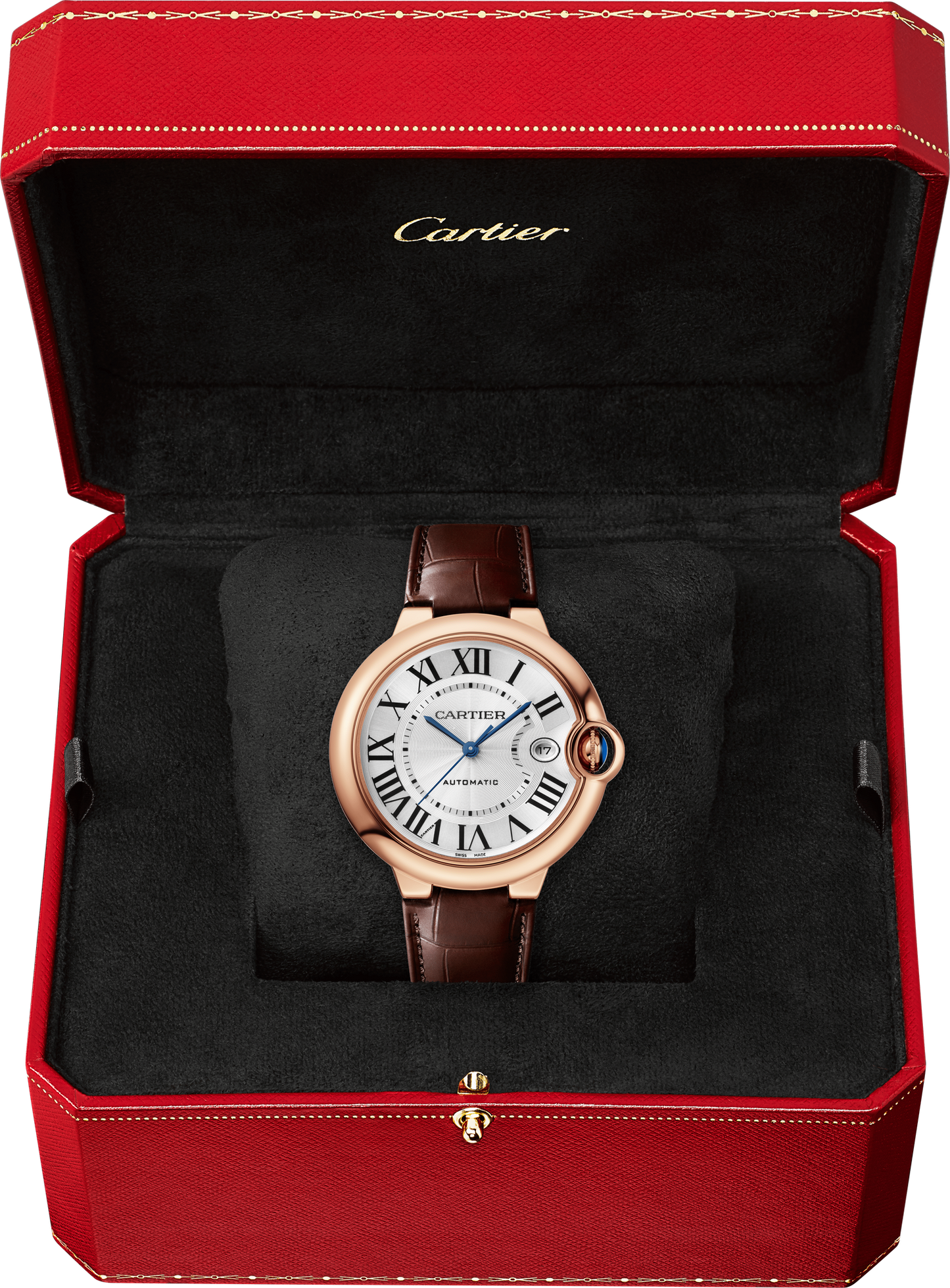 Cartier Ballon Bleu Pink Gold 40 MM - Brown Leather Strap - White Dial - WGBB0035