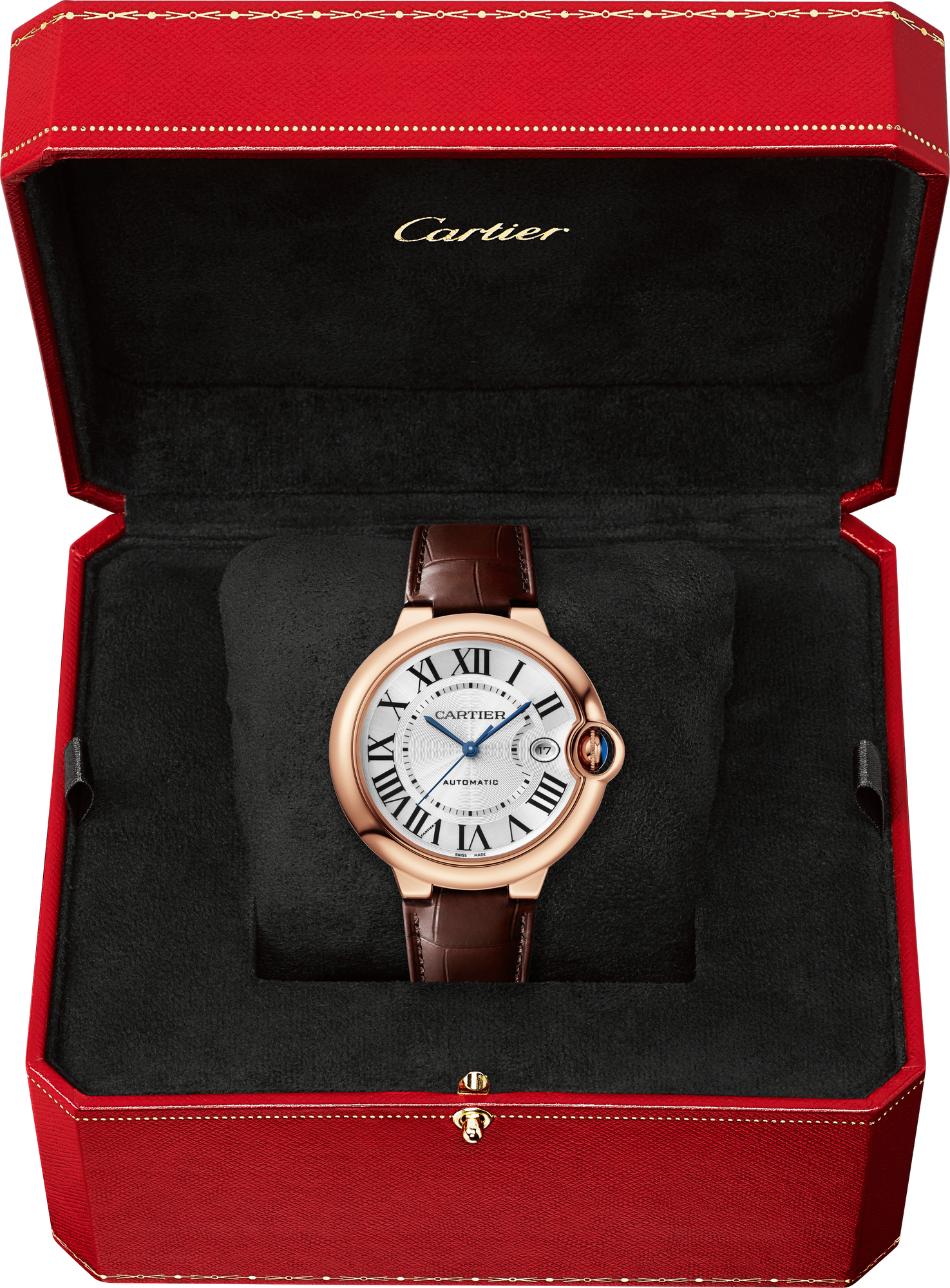 Cartier Ballon Bleu Pink Gold 40 MM - Brown Leather Strap - White Dial - WGBB0035