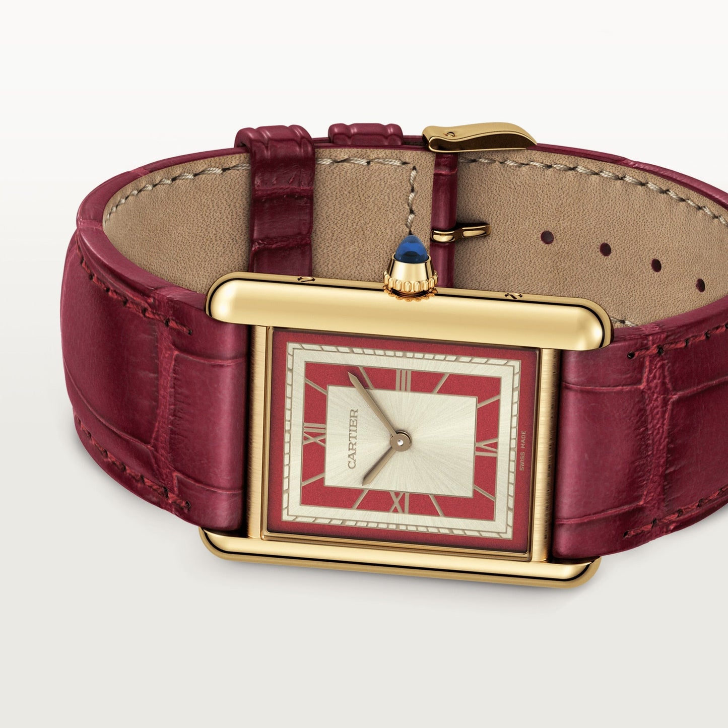 Cartier Tank Yellow Gold (Large Model) 33 MM - Burgundy Leather Strap - Yellow Gold Bezel - Red and Opaline Dial - WGTA0059