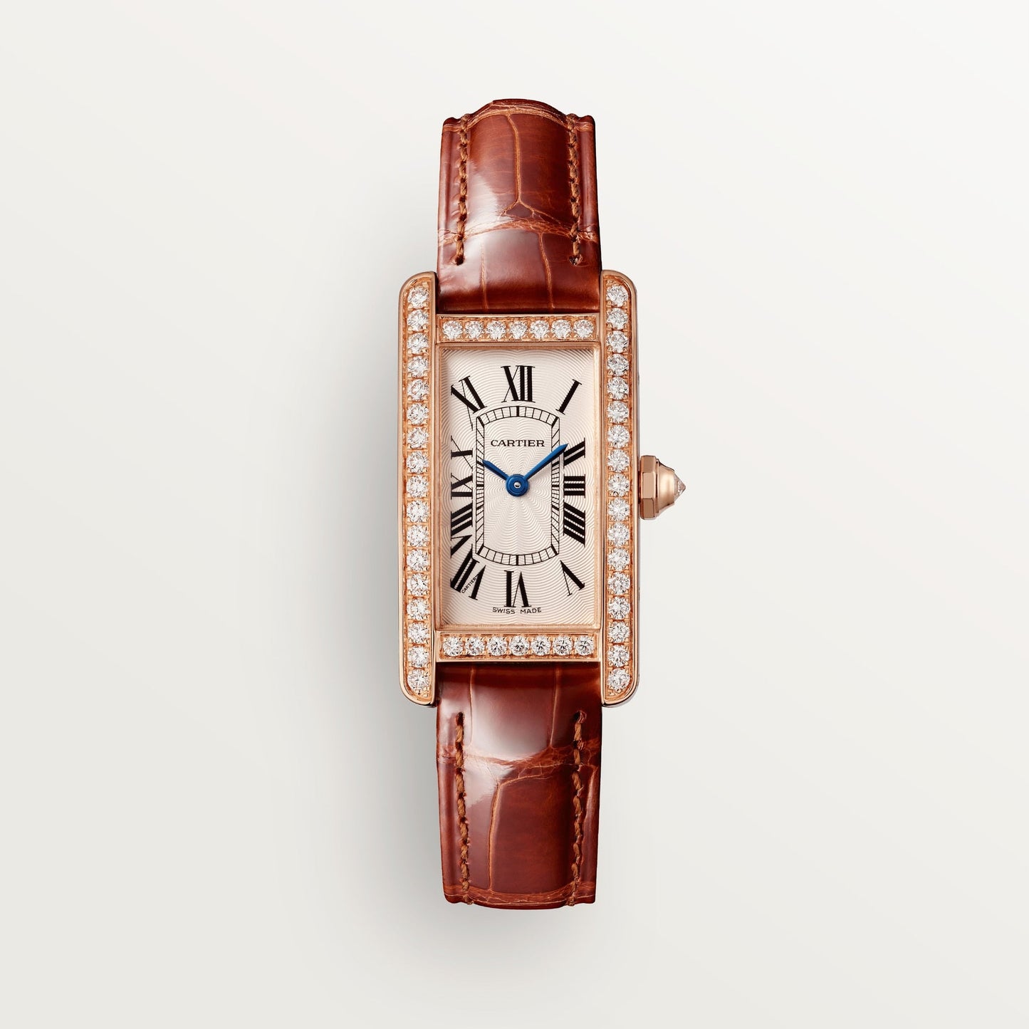 Cartier Tank Rose Gold Diamond (Small Model) 34 MM - Brown Leather Strap - Rose Gold Diamond Bezel - Silver Dial - WJTA0028