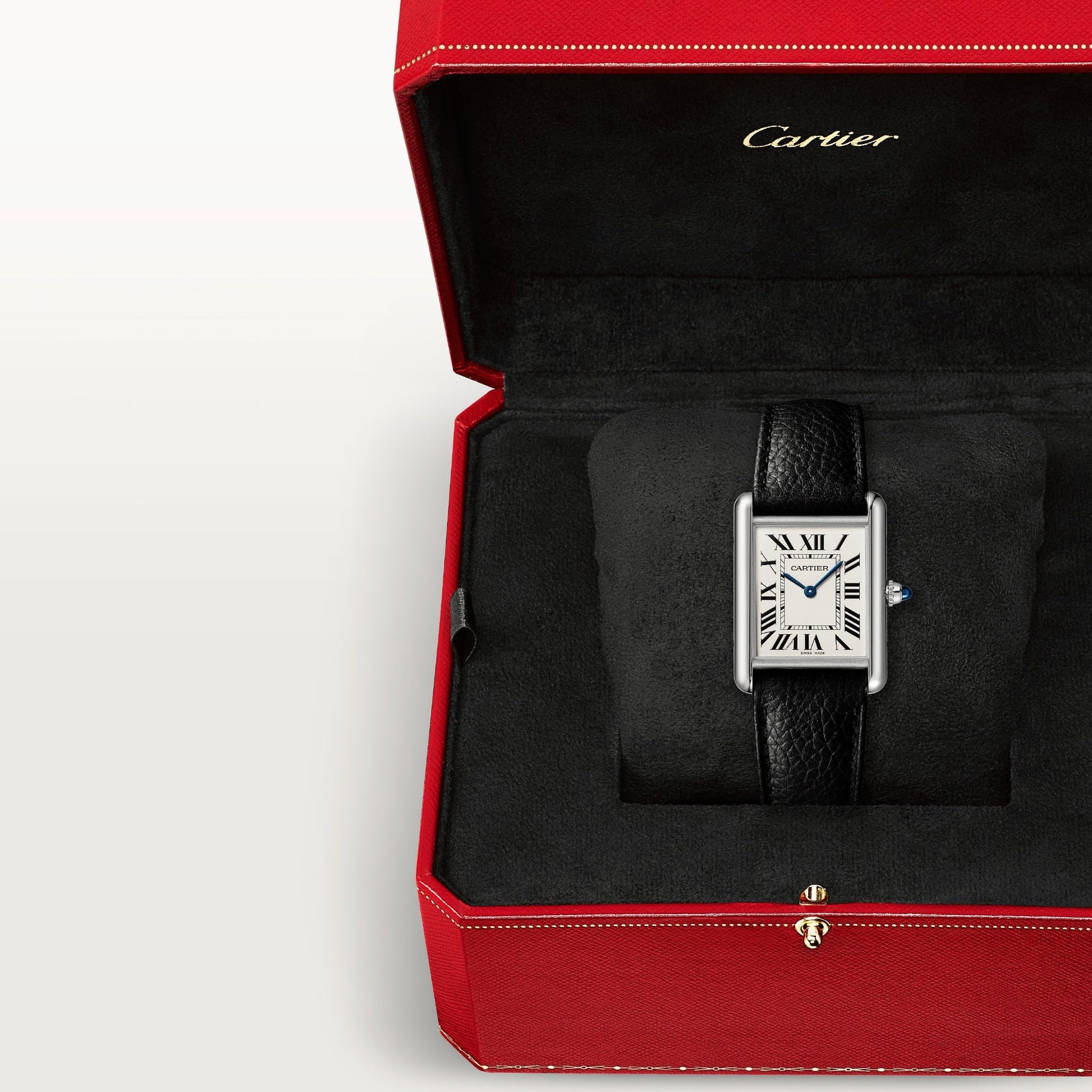 Cartier Tank Stainless Steel (Large Model) 33 MM - Black Leather Strap - Stainless Steel Bezel - White Dial - WSTA0041