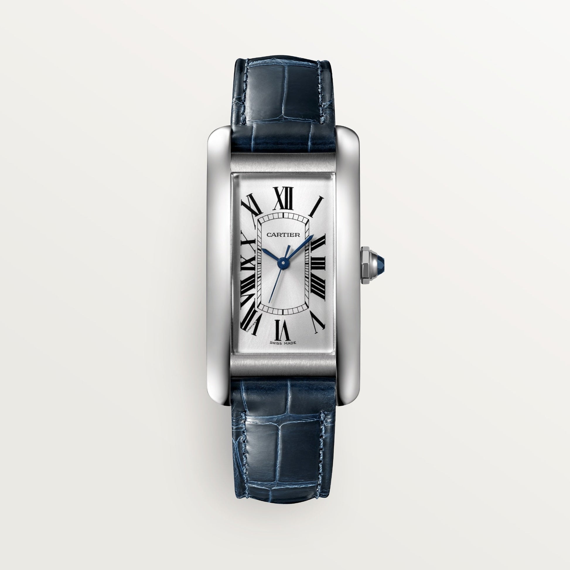 Cartier Tank Stainless steel (Medium Model) 41 MM - Blue Leather Strap - Stainless Steel Bezel - Silver Dial - WSTA0044