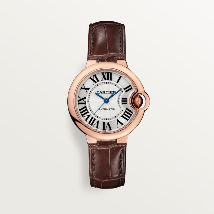 Cartier Ballon Bleu Pink Gold 33 MM - Brown Leather Strap - Silver Dial - W6920097