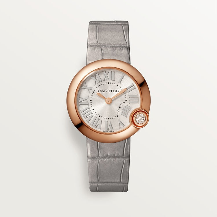 Cartier Ballon Bleu Pink Gold 30 MM - Grey Leather Strap - Silvered Sunray Dial - WGBL0005