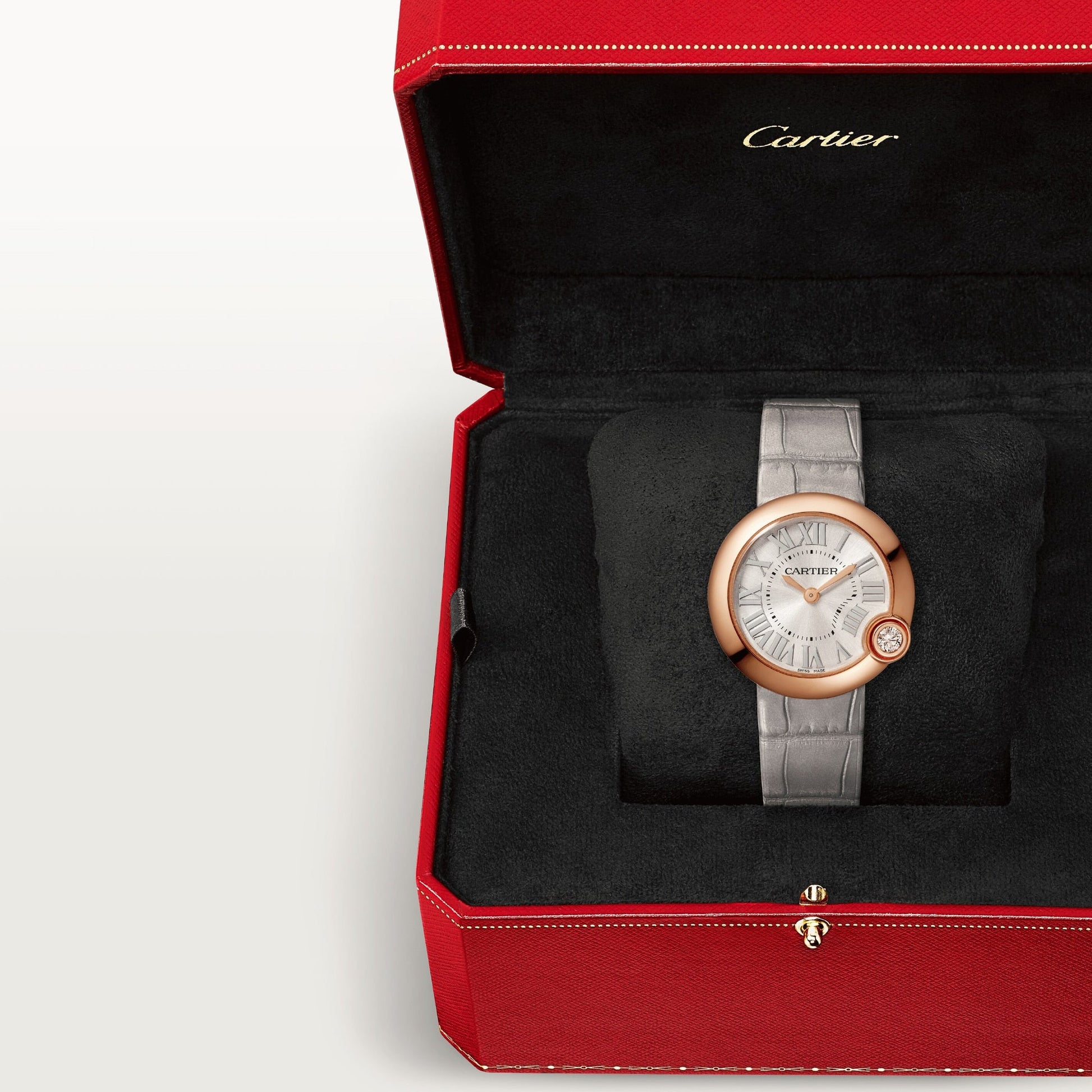 Cartier Ballon Bleu Pink Gold 30 MM - Grey Leather Strap - Silvered Sunray Dial - WGBL0005