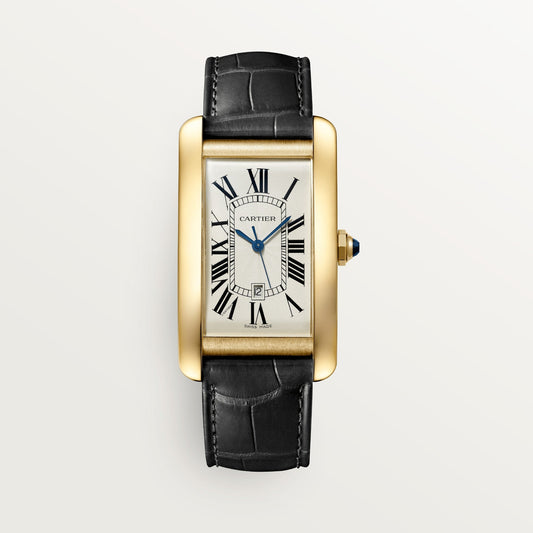 Cartier Tank Yellow Gold (Large Model) 45 MM - Black Leather Strap - Yellow Gold Bezel - Silver Dial - WGTA0041