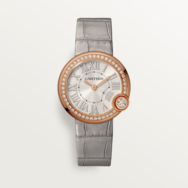 Cartier Ballon Bleu Pink Gold 30 MM - Grey Leather Strap - Silvered Sunray Dial - WJBL0008