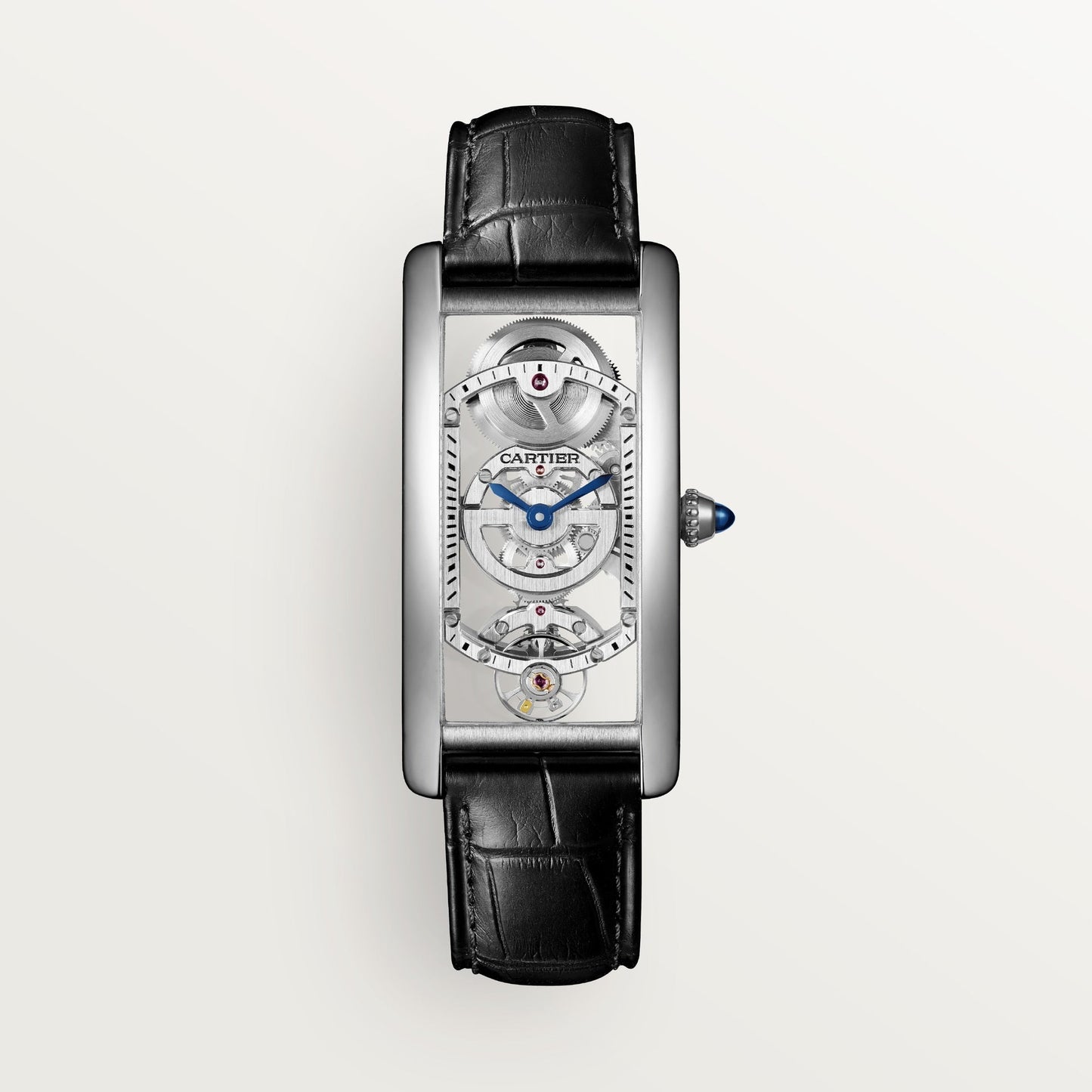 Cartier Tank Platinum (Large Model) 33 MM - Black Leather Strap - Platinum Bezel - Skeleton Dial - WHTA0009