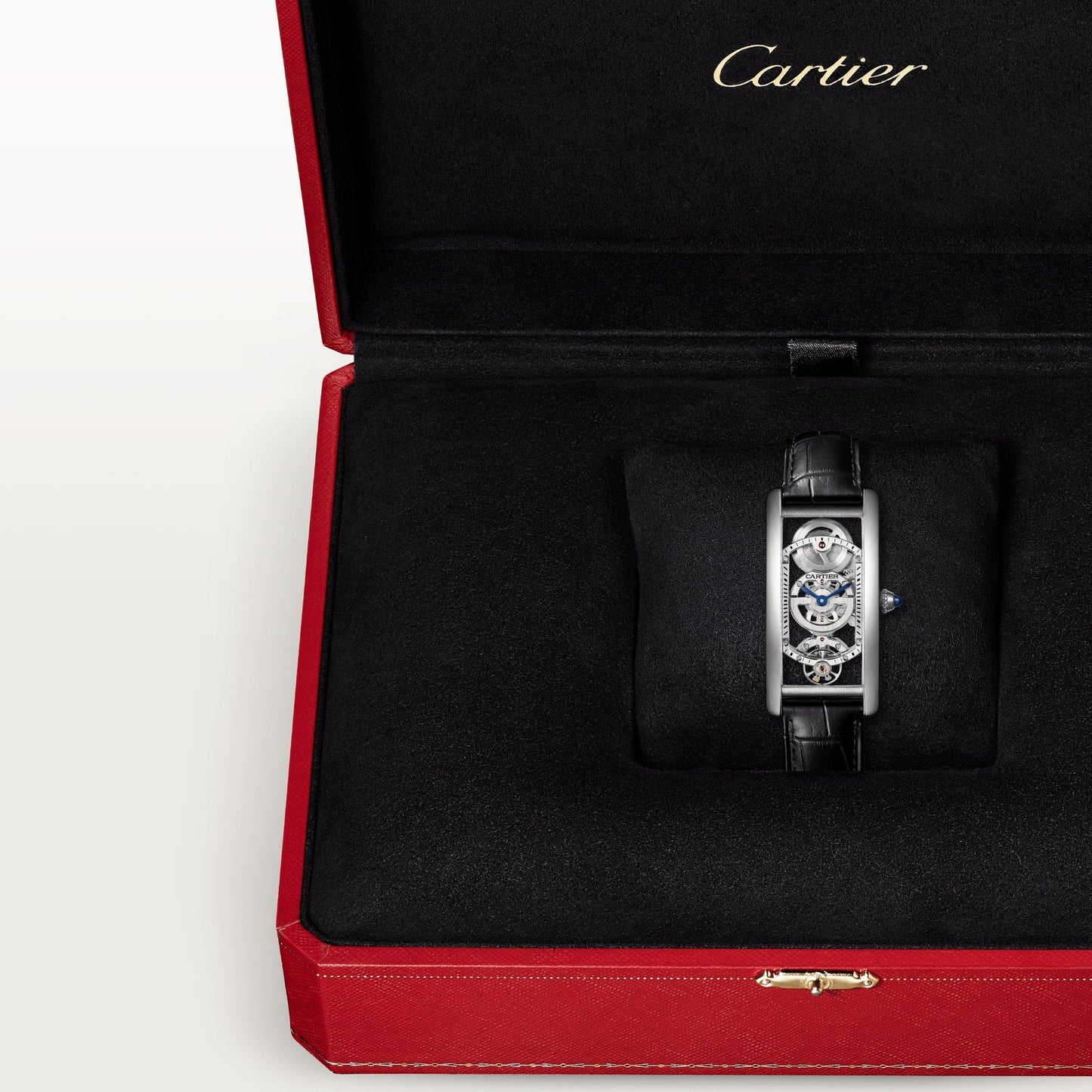 Cartier Tank Platinum (Large Model) 33 MM - Black Leather Strap - Platinum Bezel - Skeleton Dial - WHTA0009