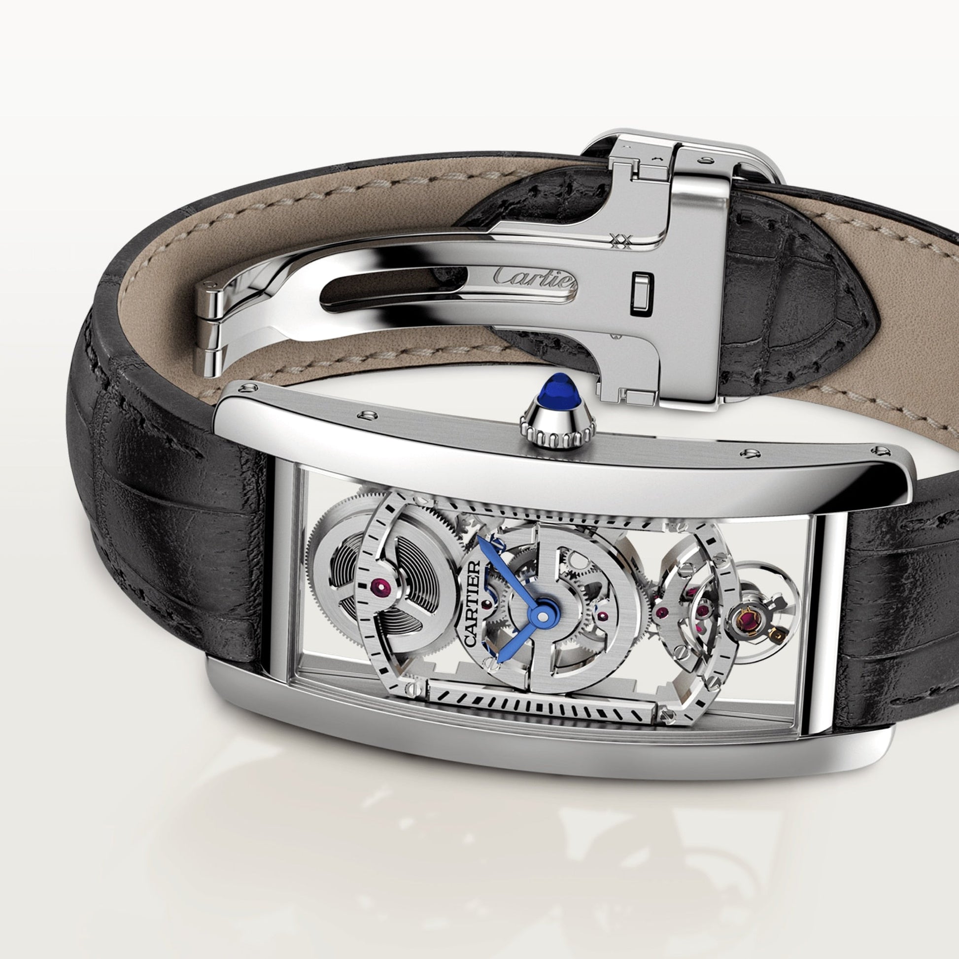 Cartier Tank Platinum (Large Model) 33 MM - Black Leather Strap - Platinum Bezel - Skeleton Dial - WHTA0009