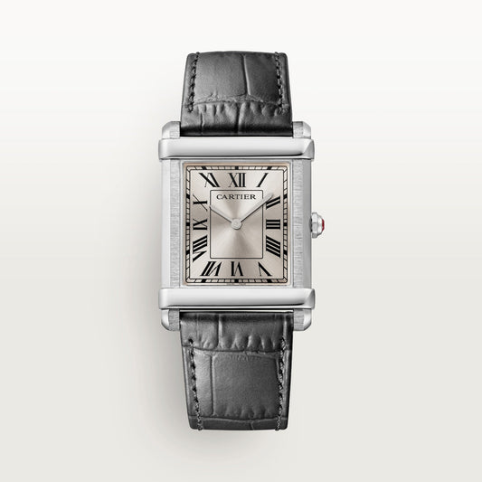 Cartier Tank Platinum (Large Model) 39 MM - Black Leather Strap - Platinum Bezel - Grey Sunray Dial - WGTA0074