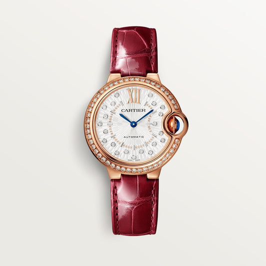 Cartier Ballon Bleu Rose Gold 33 MM - Burgundy Leather Strap - Silver Diamond Dial - WJBB0080