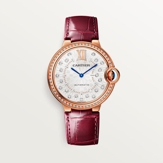 Cartier Ballon Bleu Rose Gold 36 MM - Burgundy Leather Strap - Silver Diamond Dial - WJBB0081