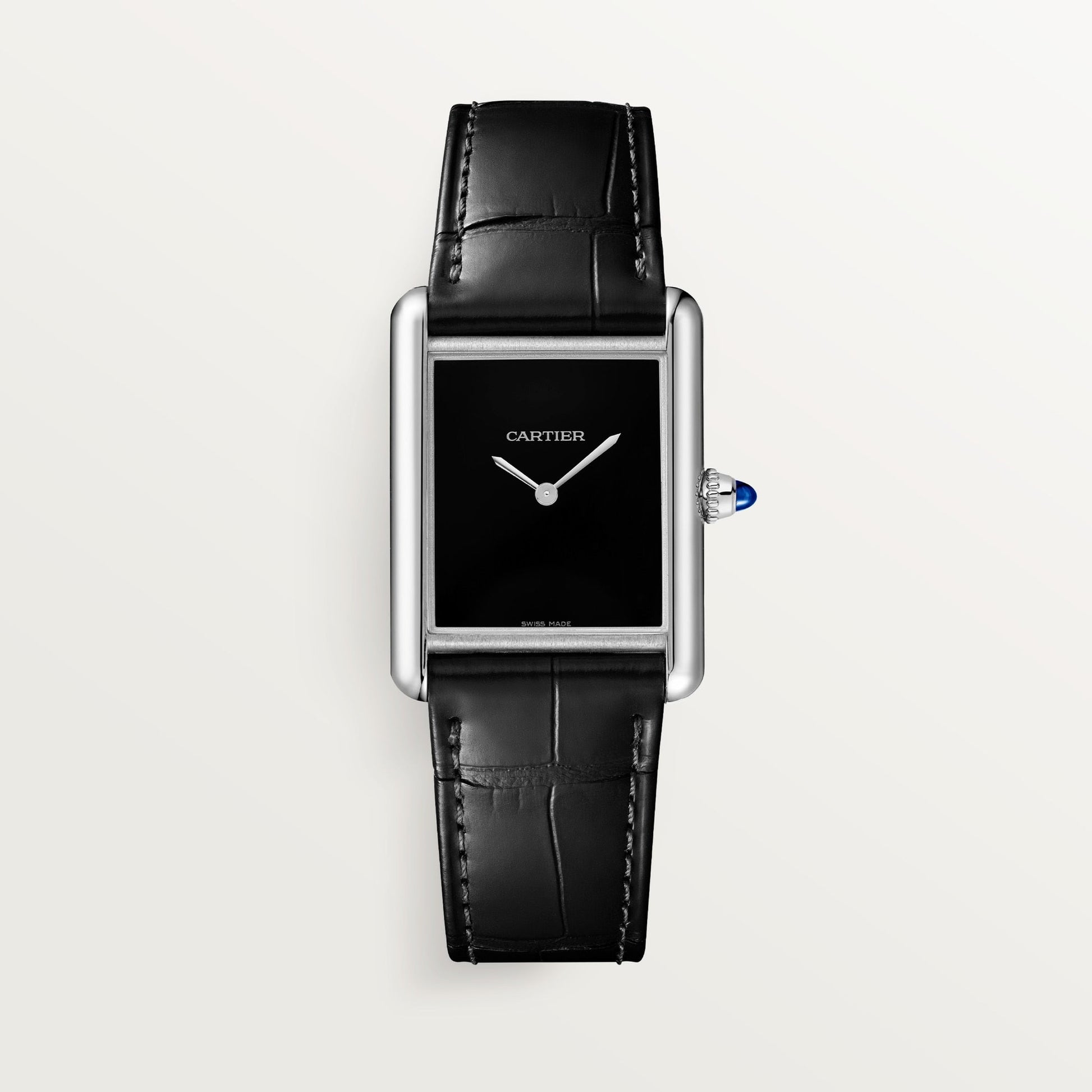 Cartier Tank Stainless Steel (Large Model) 33 MM - Black Leather Strap - Stainless Steel Bezel - Black Dial - WSTA0072