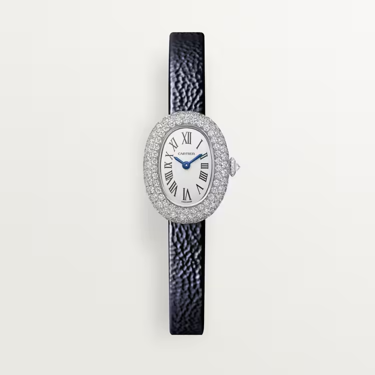 Cartier Baignoire de Cartier White Gold 24.6 MM -  Navy Blue Calfskin Strap - Diamond Bezel - Silvered Dial - WJBA0036