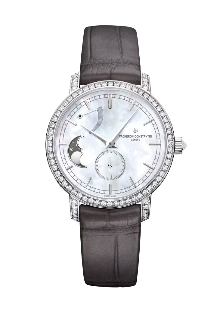 Vacheron Constantin Traditionnelle White Gold 36 MM - Black Leather Strap - Diamond Bezel - White Mother-of-Pearl Dial - 83570/000G-9916