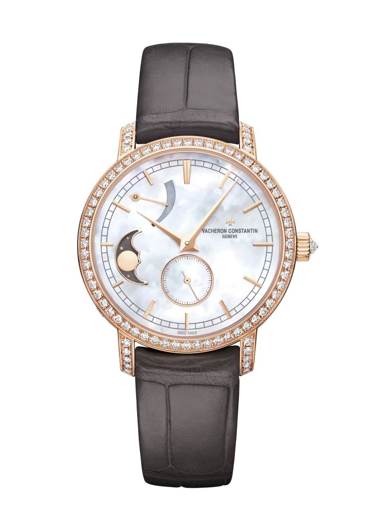 Vacheron Constantin Traditionnelle Pink Gold 36 MM - Black Leather Strap - Diamond Bezel - White Mother-of-Pearl Dial - 83570/000R-9915