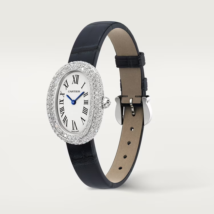 Cartier Baignoire White Gold 32 MM - Blue Alligator Leather Strap - Diamond Bezel - Silver Dial - WJBA0015