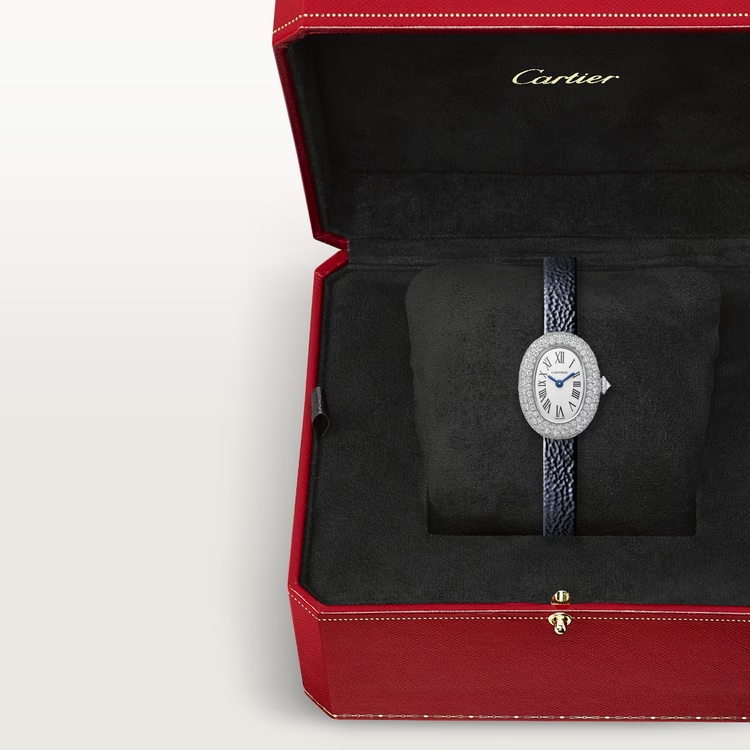 Cartier Baignoire de Cartier White Gold 24.6 MM -  Navy Blue Calfskin Strap - Diamond Bezel - Silvered Dial - WJBA0036