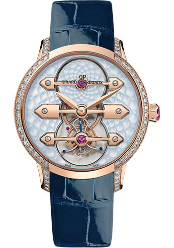 Girard-Perregaux Bridge Pink Gold 38 MM - Blue Leather Strap - Diamond Bezel - Mother-of-Pearl Dial - 99242D52B401-CK4A