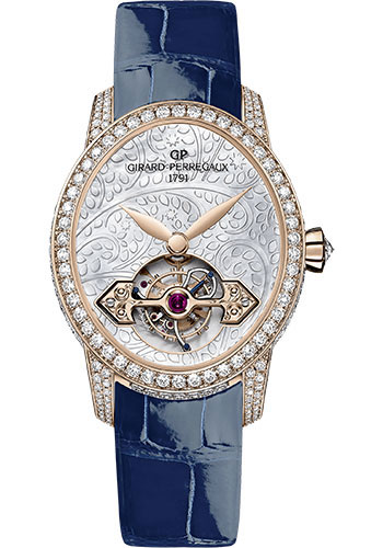 Girard-Perregaux Cat's Eye Pink Gold 37.30 x 32.30 MM - Blue Leather Strap - Diamond Bezel - Mother-of-Pearl Dial - 99490D52P706-CK6A