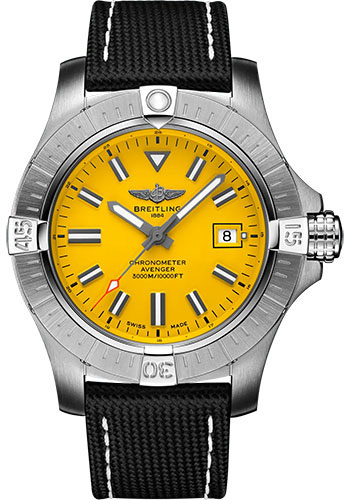 Breitling Avenger Stainless Steel 45 MM - Anthracite Calfskin Leather Strap - Yellow Dial - A17319101I1X1