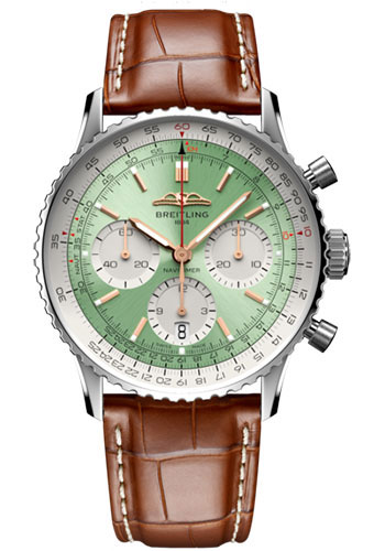 Breitling Navitimer Stainless Steel 41 MM - Gold Brown Leather Strap - Mint Green Dial - AB0139211L1P1