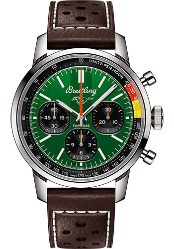 Breitling Top Time Stainless Steel 41 MM - Brown Leather Strap - Green Dial - AB01762A1L1X1