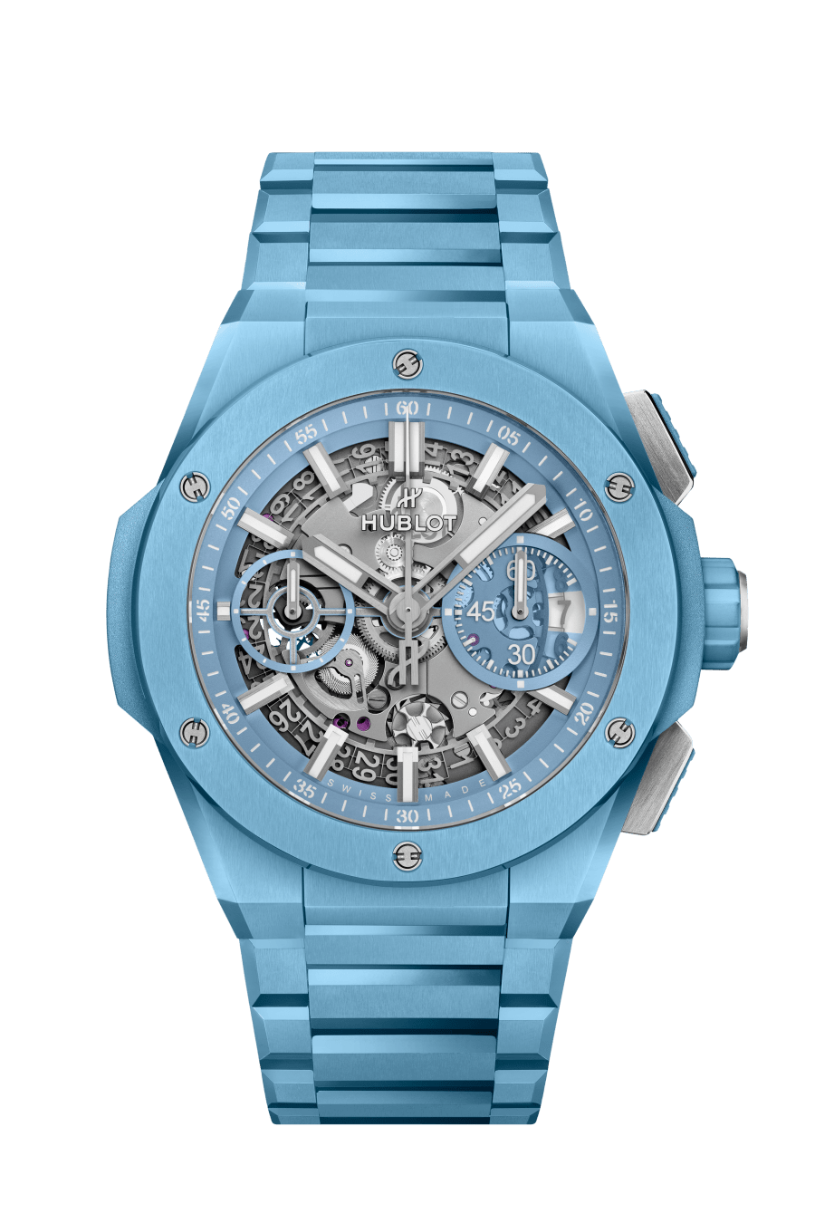 Hublot Big Bang Integrated Sky Blue Ceramic 42 MM - Blue Ceramic Bracelet - Matte Blue Skeleton Dial - 451.EX.5120.EX