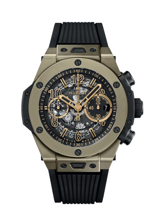 Hublot Big Bang Unico Full Magic Gold 44 MM - Striped Structured Black Rubber Straps - Matte Black Skeleton Dial - 421.MX.1130.RX