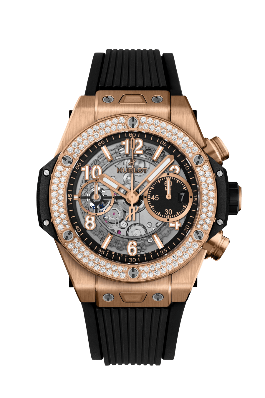 Hublot Big Bang Unico King Gold Diamonds 42 MM - Black Rubber Strap - Diamond Bezel - Matte Black Skeleton Dial - 441.OX.1181.RX.1104