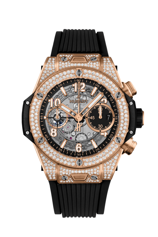 Hublot Big Bang Unico King Gold Pave 42 MM - Black Rubber Strap - Diamond Bezel - Matte Black Skeleton Dial - 441.OX.1181.RX.1704