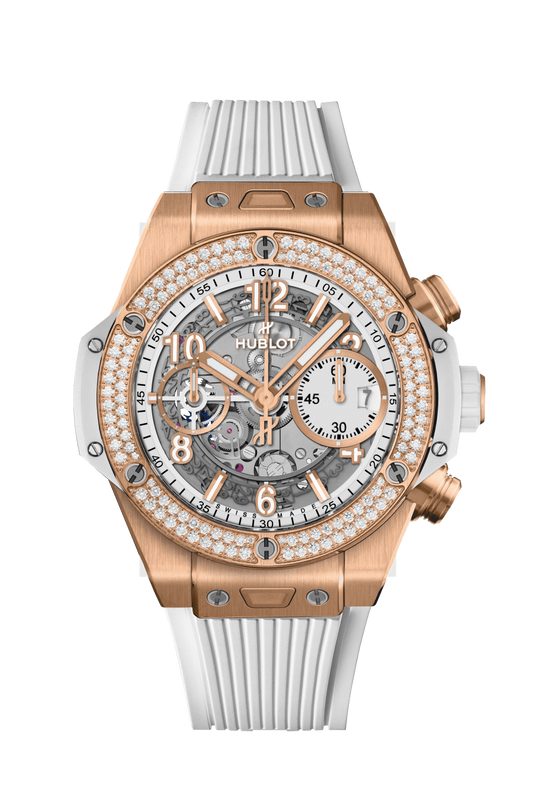 Hublot Big Bang Unico King Gold White Diamonds 42 MM - White Rubber Strap - Diamond Bezel - Matte White Skeleton Diamond Dial - 441.OE.2011.RW.1104