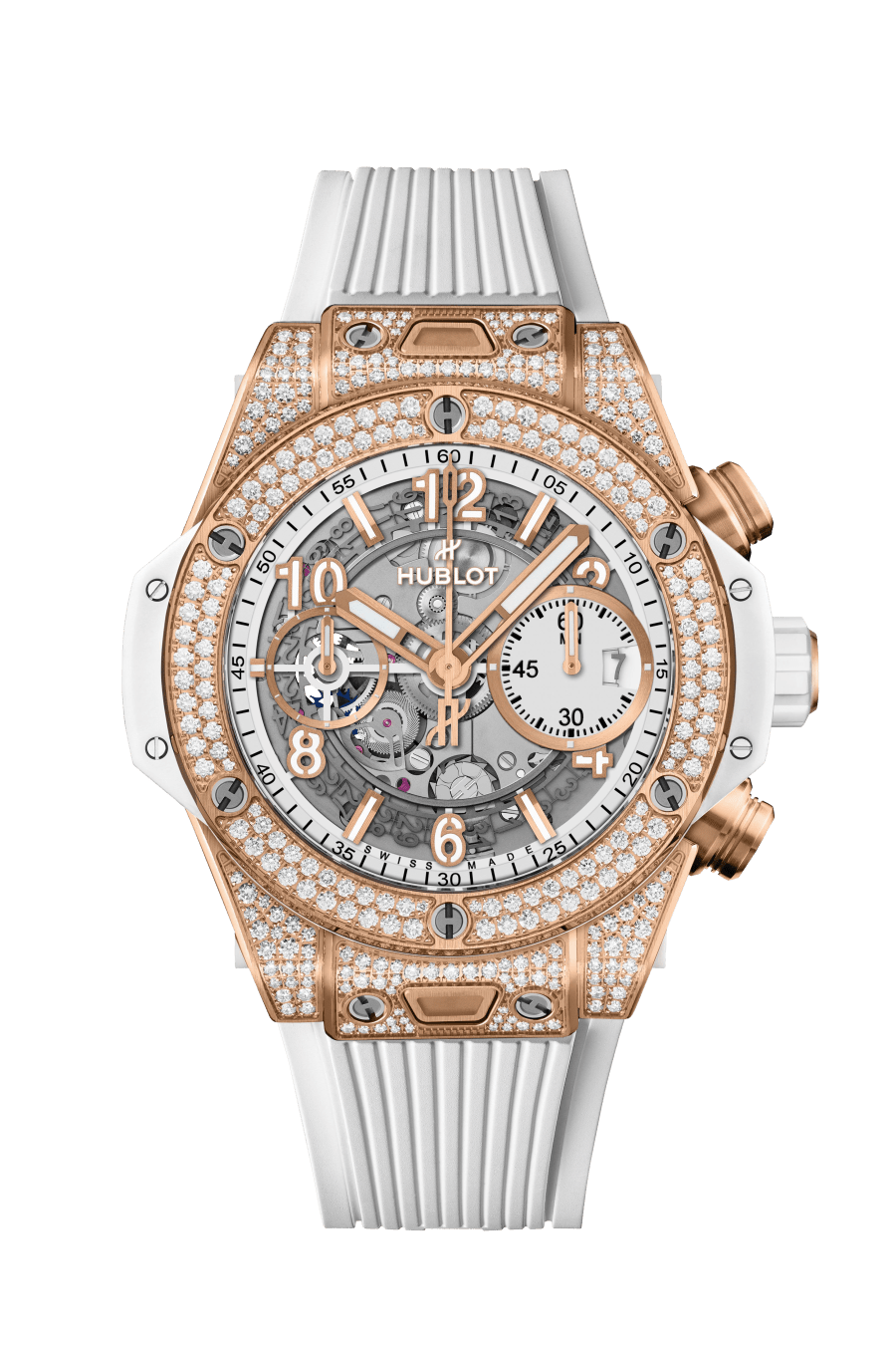 Hublot Big Bang Unico King Gold White Pave 42 MM - White Rubber Strap - Diamond Bezel - Matte White Skeleton Dial - 441.OE.2011.RW.1704