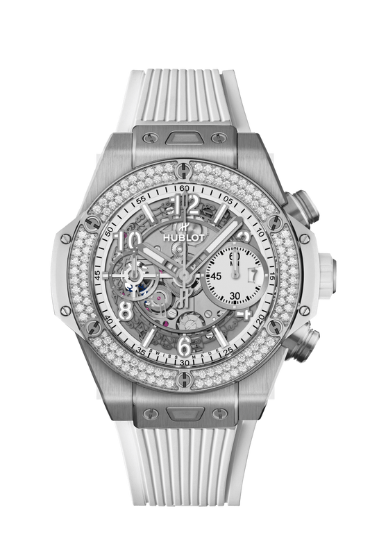 Hublot Big Bang Unico Titanium White Diamonds 42 MM - White Rubber Strap - Diamond Bezel - Matte White Skeleton Dial - 441.NE.2011.RW.1104