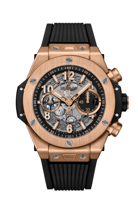 Hublot Big Bang Unico King Gold 44 MM - Striped Structured Black Rubber Strap - Matte Black Skeleton Dial - 421.OX.1180.RX