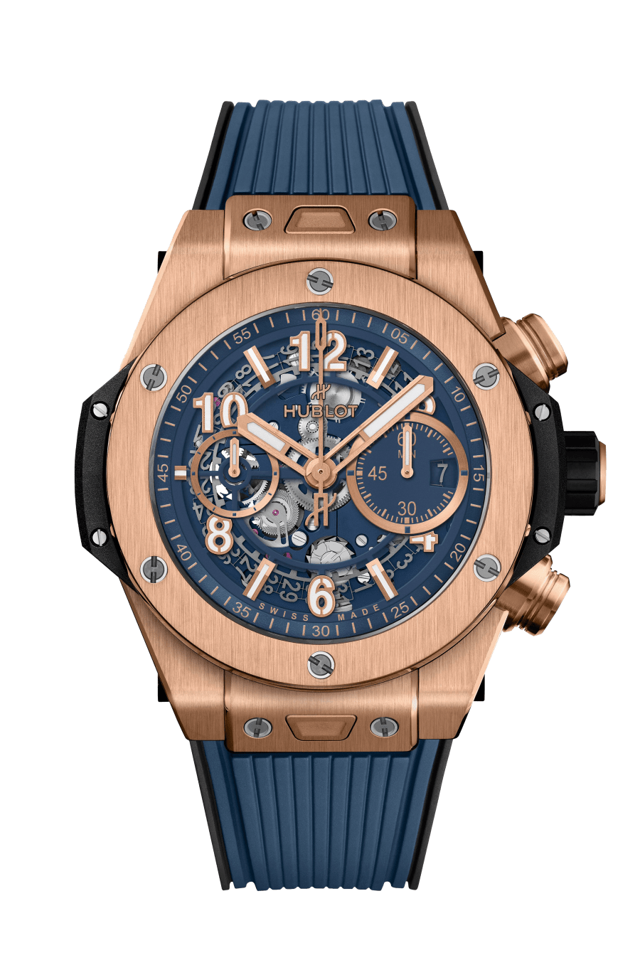 Hublot Big Bang Unico King Gold Blue 44 MM - Striped Structured Blue Rubber Strap - Matte Blue Skeleton Dial - 421.OX.5180.RX