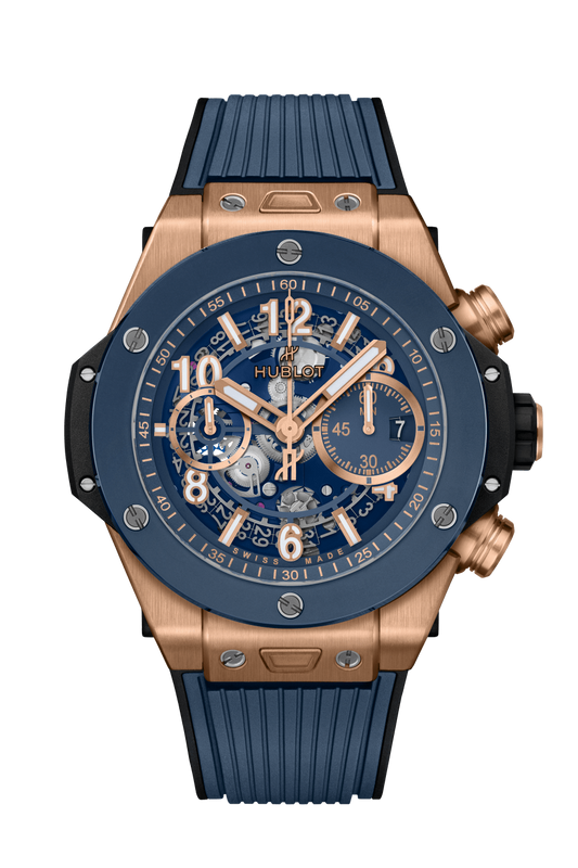 Hublot Big Bang Unico King Gold Blue Ceramic 44 MM - Striped Structured Blue Rubber Strap - Matte Blue Skeleton Dial - 421.OL.5180.RX