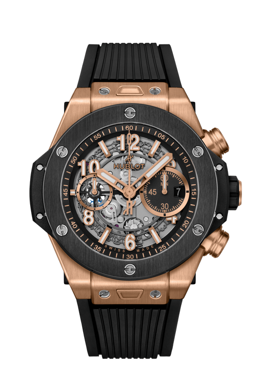 Hublot Big Bang Unico King Gold Ceramic 44 MM - Striped Structured Black Rubber Strap - Matte Black Skeleton Dial - 421.OM.1180.RX