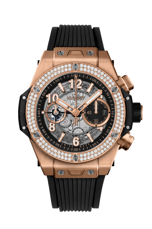 Hublot Big Bang Unico King Gold Diamonds 44 MM - Striped Structured Black Rubber Strap - Diamond Bezel - Matte Black Skeleton Dial - 421.OX.1180.RX.1104